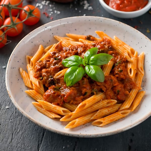 Penne pasta with rich red sauce and fresh basil, served in a white bowl.