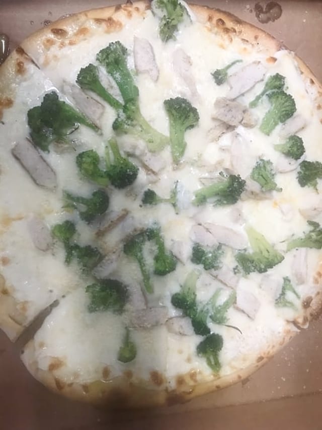 Broccoli Chicken Alfredo Pizza.