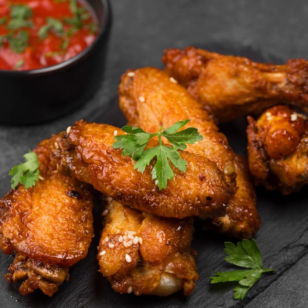 Angelo's Pizza House chicken wings, glazed and garnished with parsley, served with a side of red sauce.