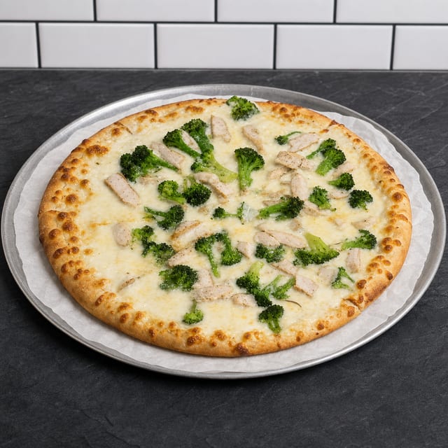 Broccoli Chicken Alfredo Pizza.