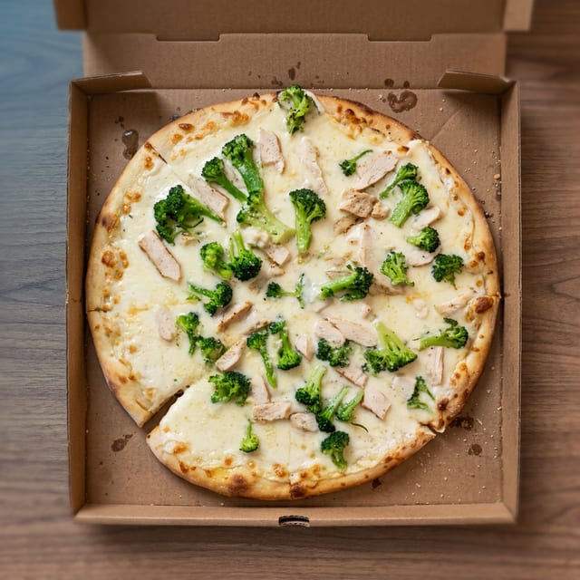 Broccoli Chicken Alfredo Pizza.